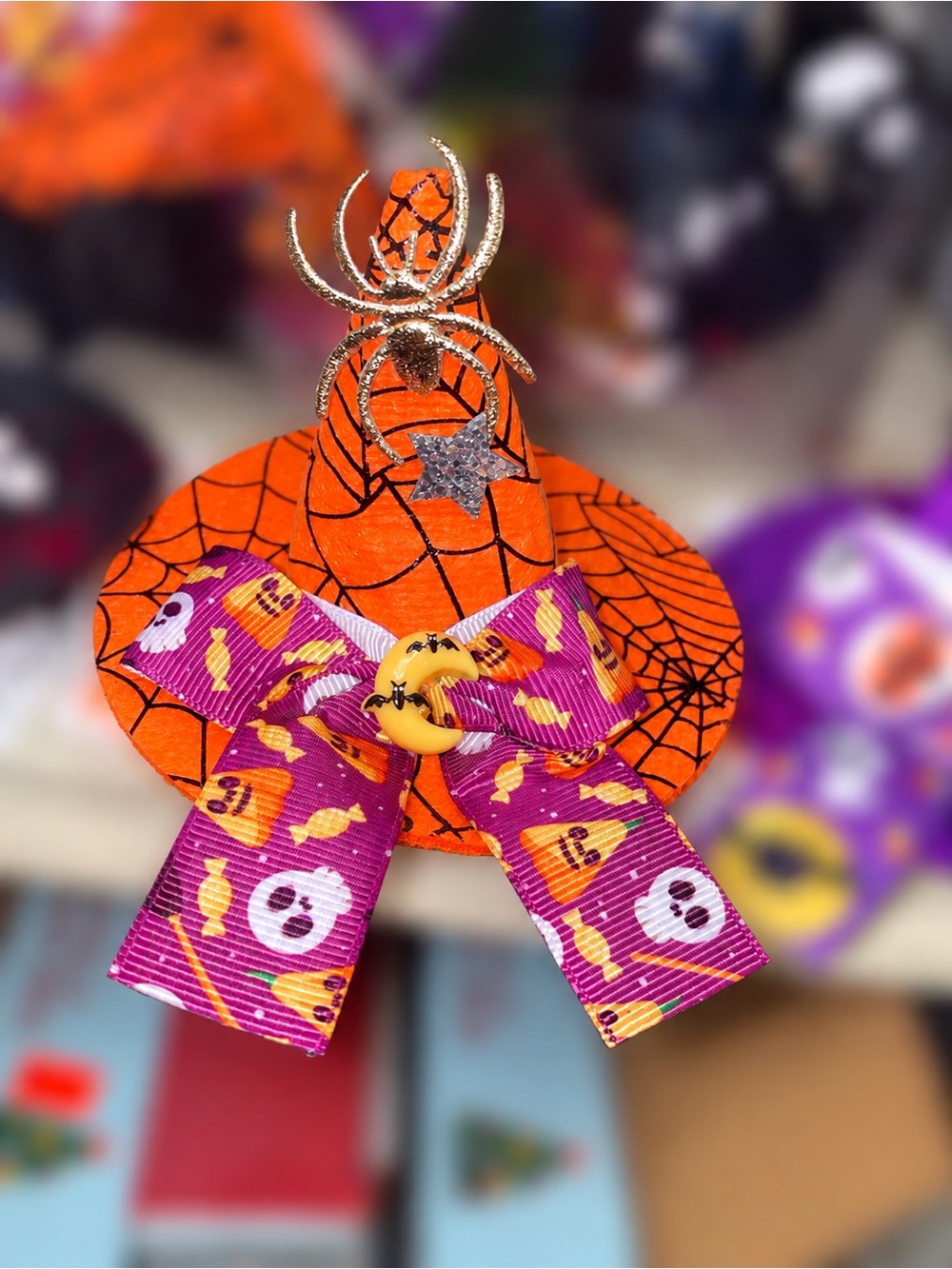 Orange Spiderweb Mini Witch Hat Hair Clip with Purple Halloween Bow
